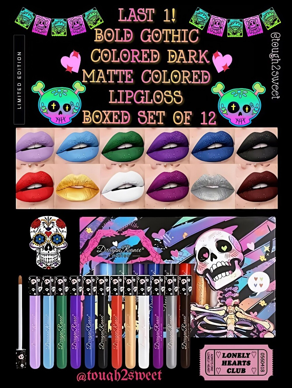 🆕️LAST 1🌹BOLD GOTHIC COLORED DARK MATTE COMPLETE LIPGLOSS BOXED SET OF 12